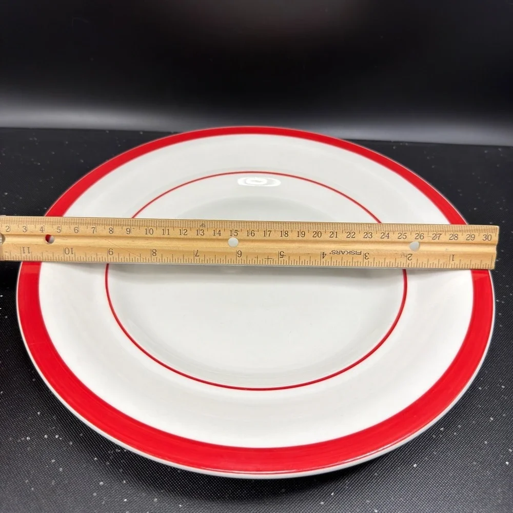 American Bistro Diner Ware Red Rim White Dinner Plates Set‎ of 2 Retro 11 Inch